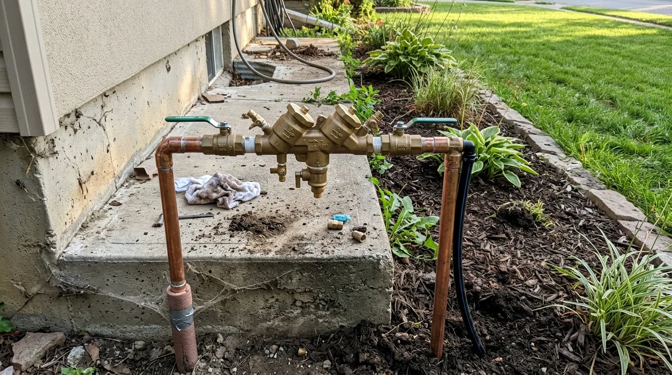 Brass sprinkler backflow prevention assembly installed above ground on copper risers beside a Colorado Springs home