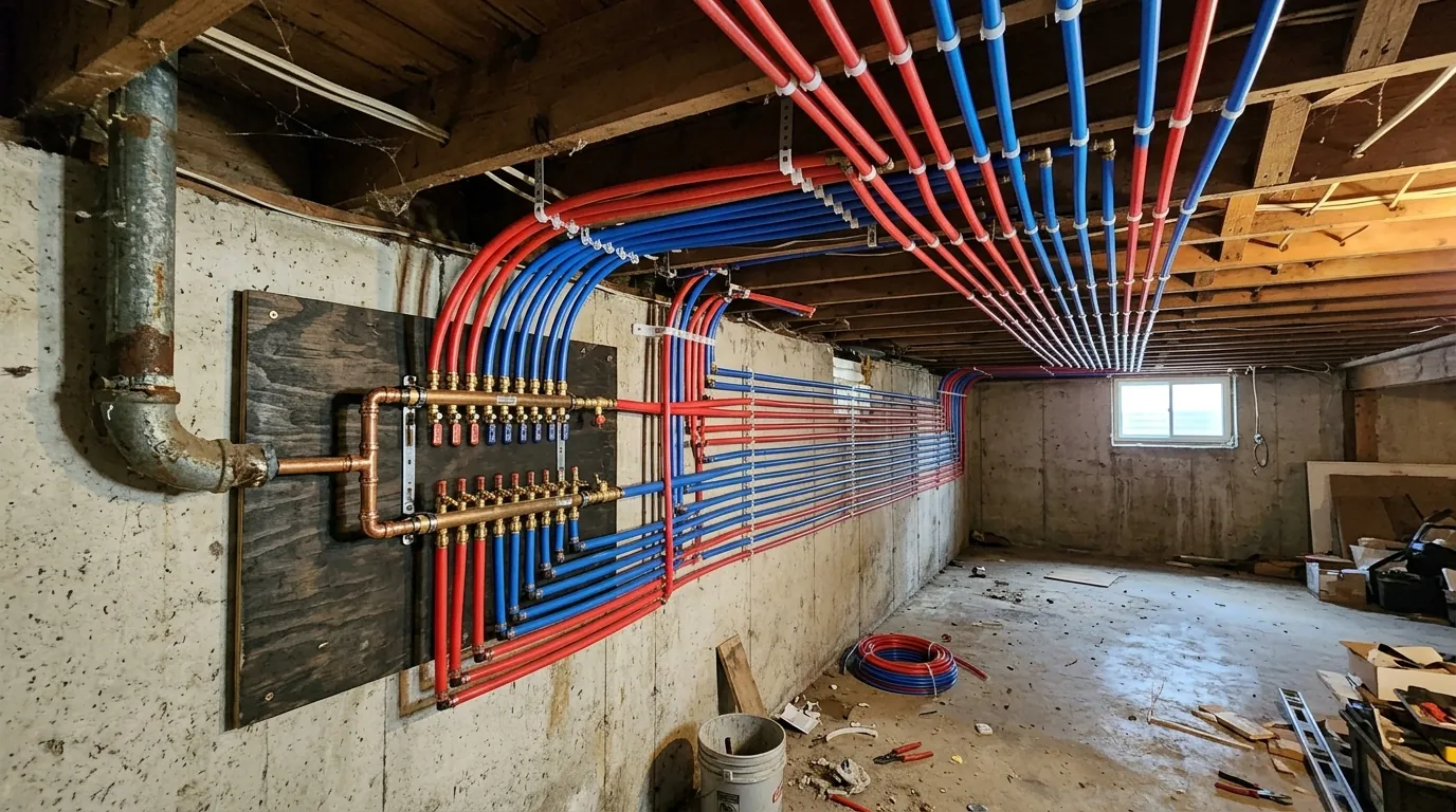 Whole-house re-pipe with new red and blue PEX supply lines run from a wall manifold across basement floor joists